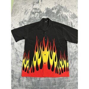 Amplify Mens Flame Print Button-Up Short Sleeve Shirt XL Black Red Yellow